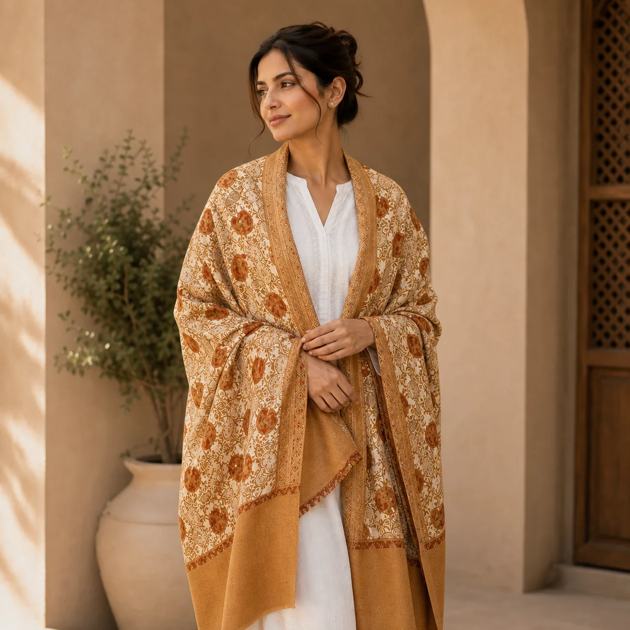 Woman wearing an amber Pashmira shawl