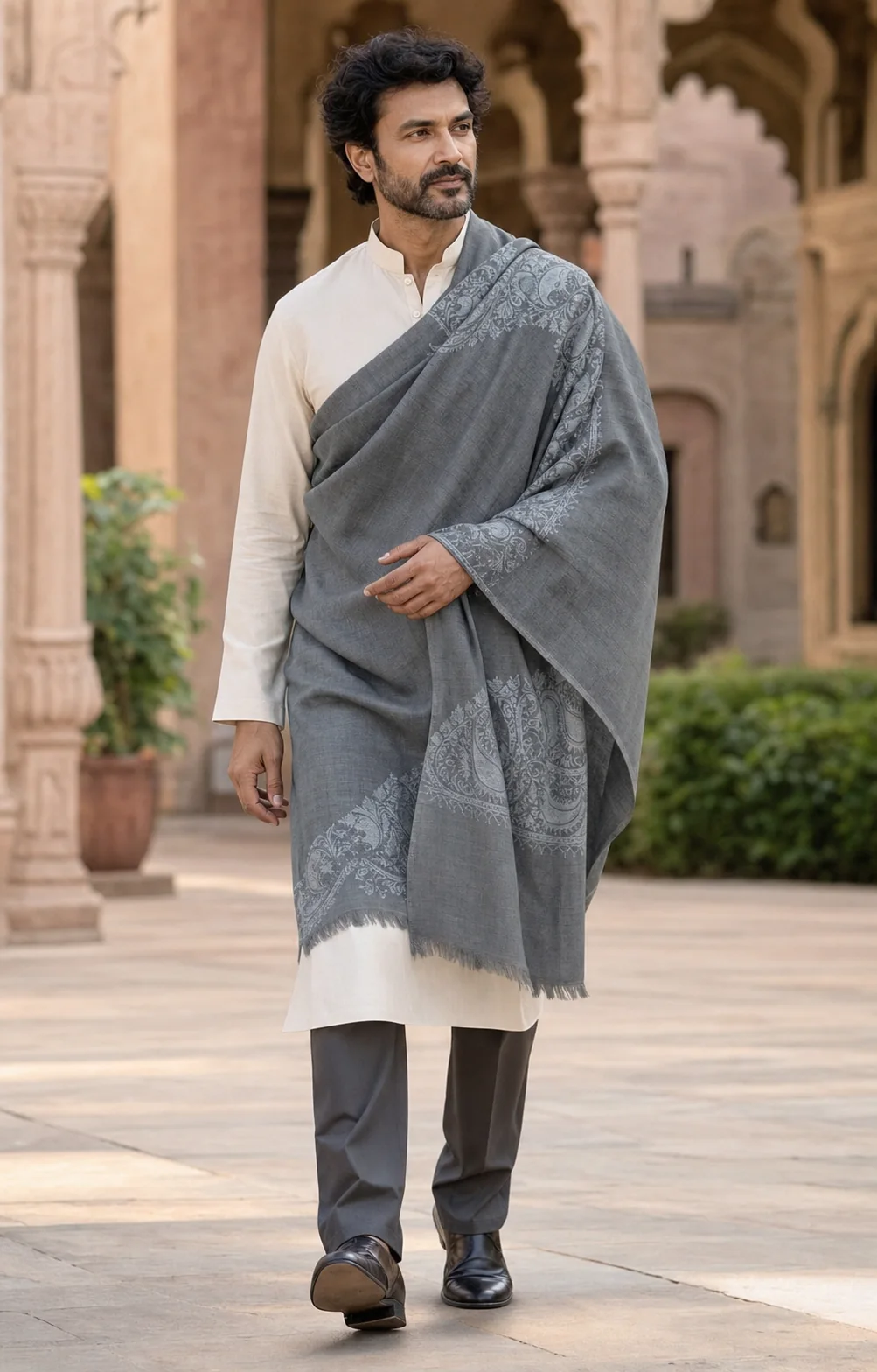 Man wearing a slate Pashmira shawl