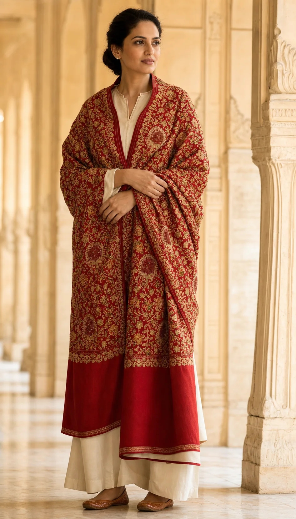 Woman wearing a red Pashmira shawl