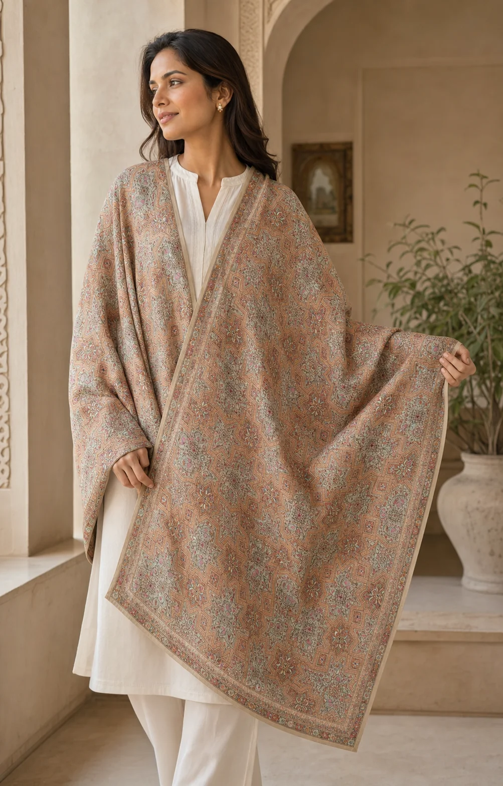 Woman wearing a soft Pashmira shawl